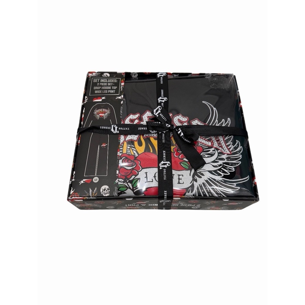 Ed Hardy Women's Gift Set Crop Hoodie Top And Wide Leg Pants Black Size M NIB